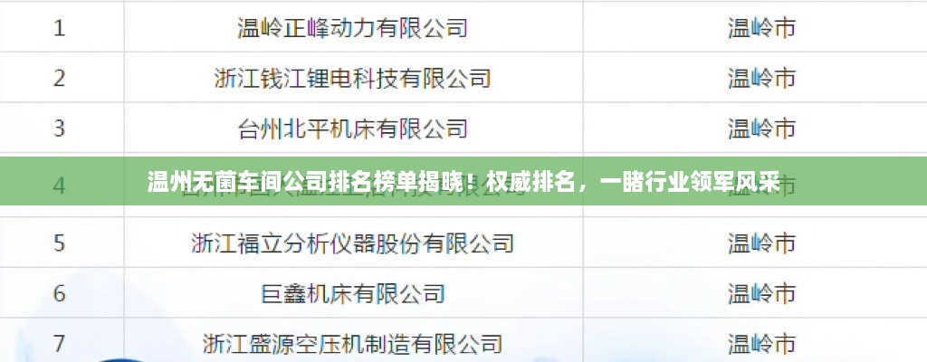 溫州無(wú)菌車(chē)間公司排名榜單揭曉！權(quán)威排名，一睹行業(yè)領(lǐng)軍風(fēng)采
